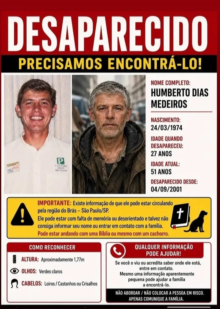 Família de São Mamede procura por Humberto Dias Medeiros, desaparecido há 27 anos e que pode estar em São Paulo